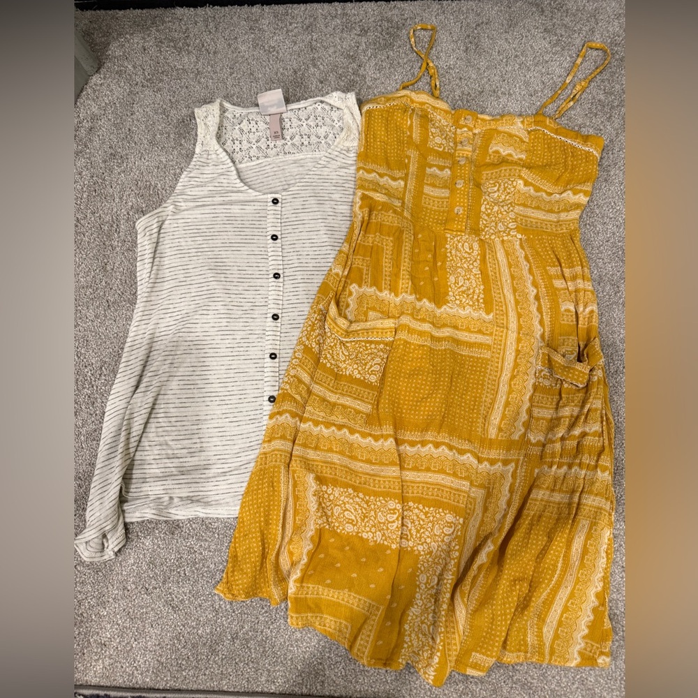 Yellow Patterned Sundress and Striped Tank Top